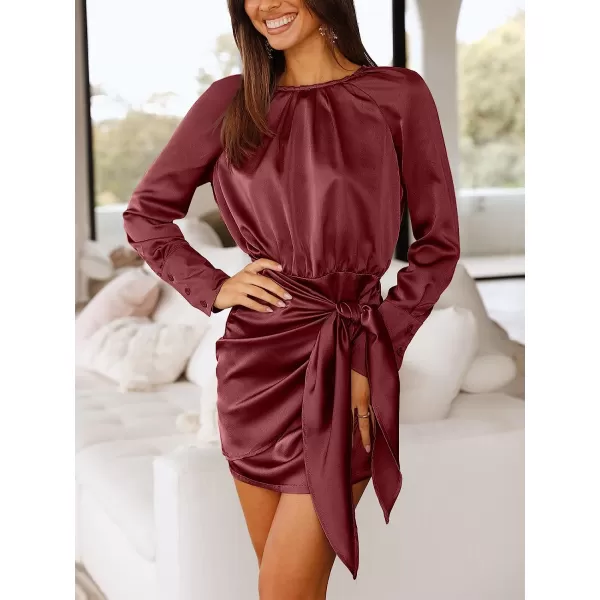 imageANRABESS Women Casual Long Sleeve Crewneck Ruched Wrap Short Party Dress Tie Waist Satin Cocktail DressWine Red