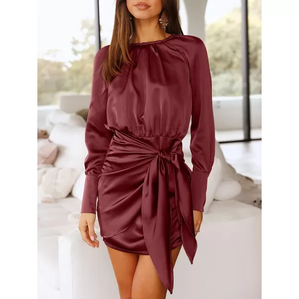 imageANRABESS Women Casual Long Sleeve Crewneck Ruched Wrap Short Party Dress Tie Waist Satin Cocktail DressWine Red