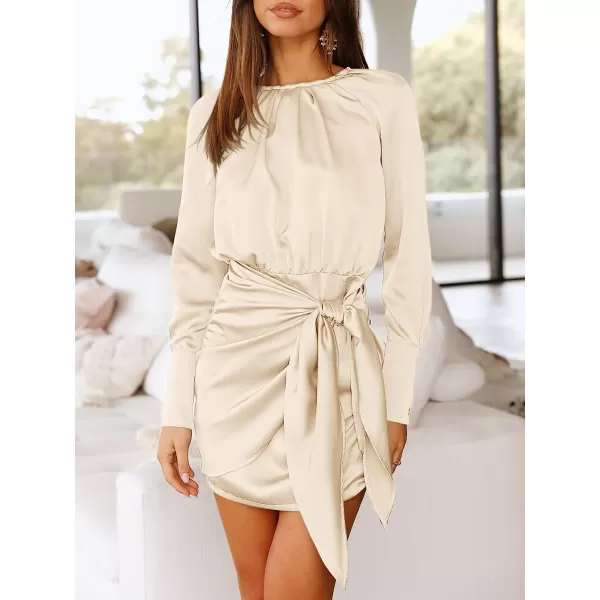 imageANRABESS Women Casual Long Sleeve Crewneck Ruched Wrap Short Party Dress Tie Waist Satin Cocktail DressYellow