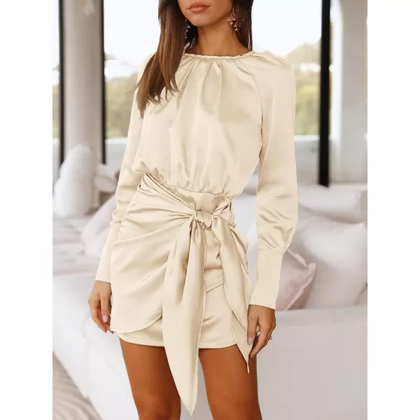 imageANRABESS Women Casual Long Sleeve Crewneck Ruched Wrap Short Party Dress Tie Waist Satin Cocktail DressYellow