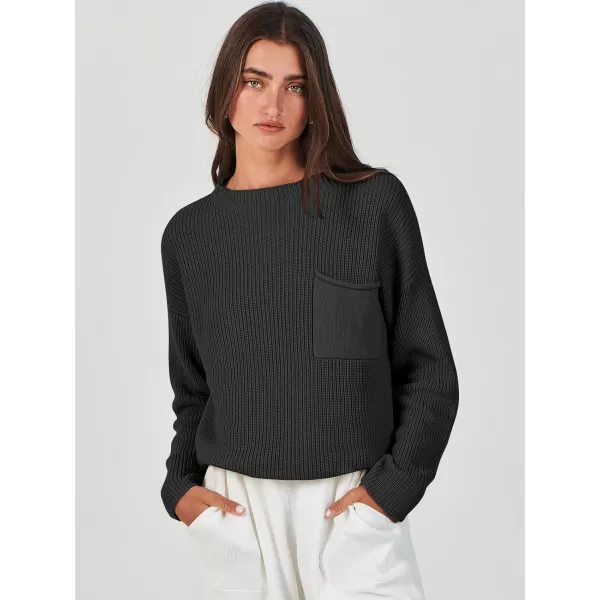 imageANRABESS Women Casual Long Sleeve Knit Loose Fit Mock Neck Fall Trendy Cropped Sweater Top with PocketsBlack