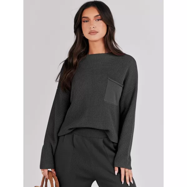 imageANRABESS Women Casual Long Sleeve Knit Loose Fit Mock Neck Fall Trendy Cropped Sweater Top with PocketsBlack