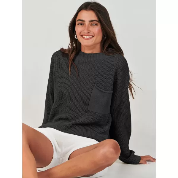 imageANRABESS Women Casual Long Sleeve Knit Loose Fit Mock Neck Fall Trendy Cropped Sweater Top with PocketsBlack