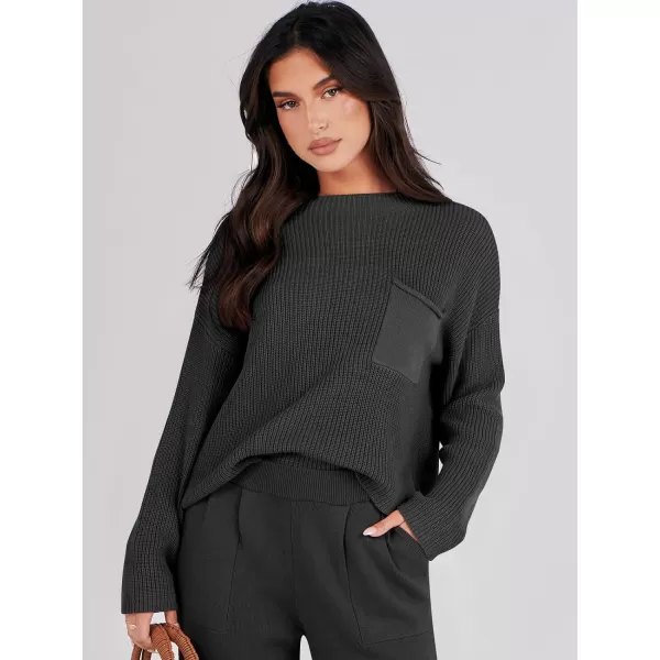 imageANRABESS Women Casual Long Sleeve Knit Loose Fit Mock Neck Fall Trendy Cropped Sweater Top with PocketsBlack