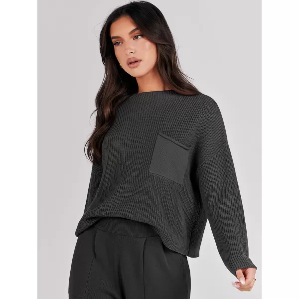 imageANRABESS Women Casual Long Sleeve Knit Loose Fit Mock Neck Fall Trendy Cropped Sweater Top with PocketsBlack