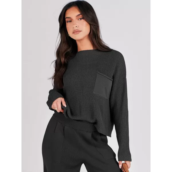imageANRABESS Women Casual Long Sleeve Knit Loose Fit Mock Neck Fall Trendy Cropped Sweater Top with PocketsBlack