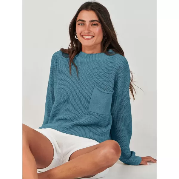 imageANRABESS Women Casual Long Sleeve Knit Loose Fit Mock Neck Fall Trendy Cropped Sweater Top with PocketsBlue