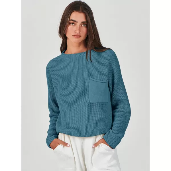 imageANRABESS Women Casual Long Sleeve Knit Loose Fit Mock Neck Fall Trendy Cropped Sweater Top with PocketsBlue