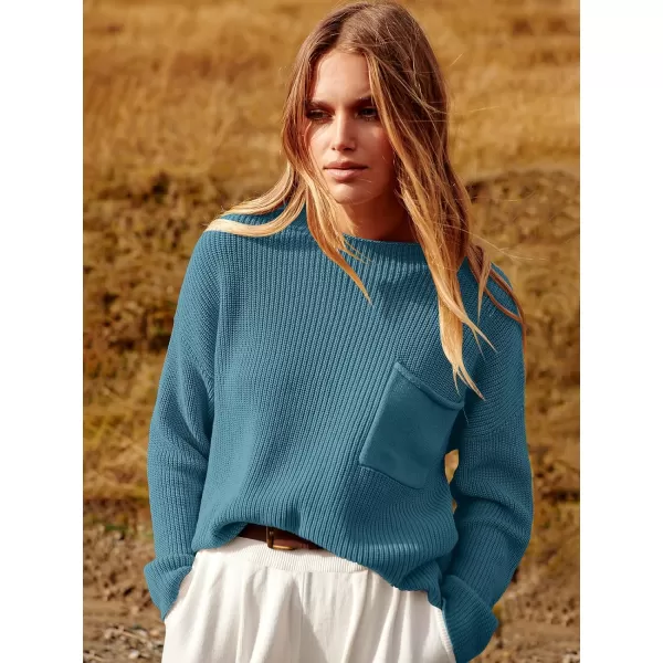 imageANRABESS Women Casual Long Sleeve Knit Loose Fit Mock Neck Fall Trendy Cropped Sweater Top with PocketsBlue