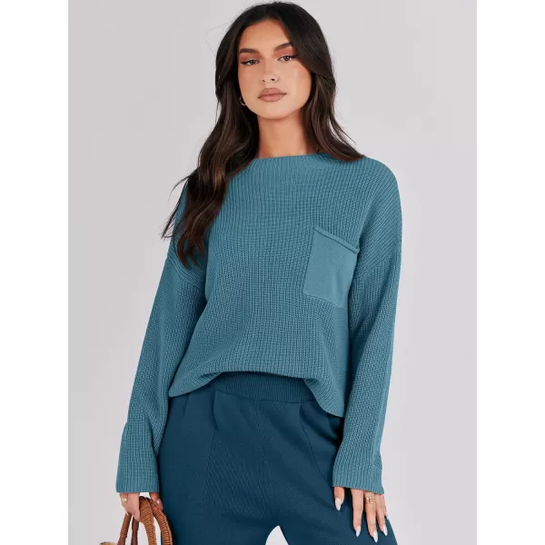 imageANRABESS Women Casual Long Sleeve Knit Loose Fit Mock Neck Fall Trendy Cropped Sweater Top with PocketsBlue