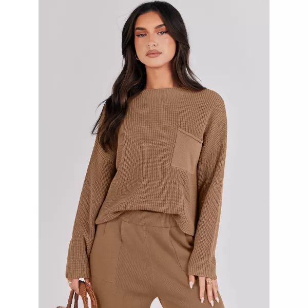 imageANRABESS Women Casual Long Sleeve Knit Loose Fit Mock Neck Fall Trendy Cropped Sweater Top with PocketsBrown