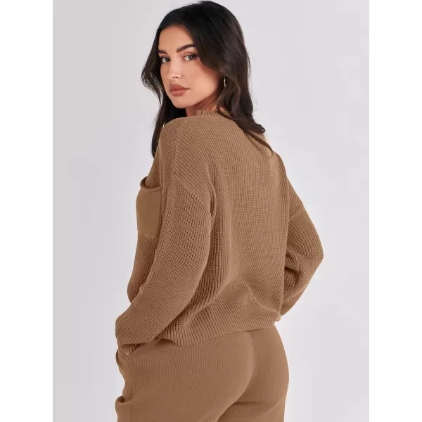 imageANRABESS Women Casual Long Sleeve Knit Loose Fit Mock Neck Fall Trendy Cropped Sweater Top with PocketsBrown