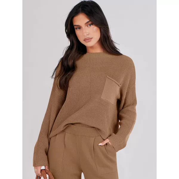 imageANRABESS Women Casual Long Sleeve Knit Loose Fit Mock Neck Fall Trendy Cropped Sweater Top with PocketsBrown
