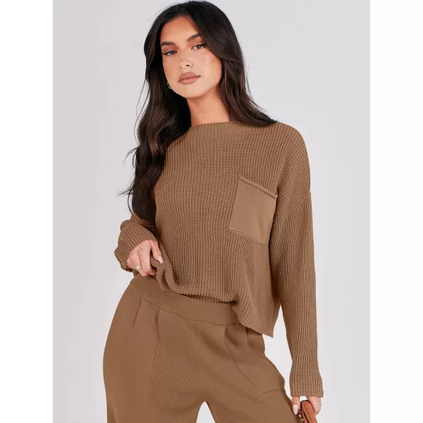 imageANRABESS Women Casual Long Sleeve Knit Loose Fit Mock Neck Fall Trendy Cropped Sweater Top with PocketsBrown