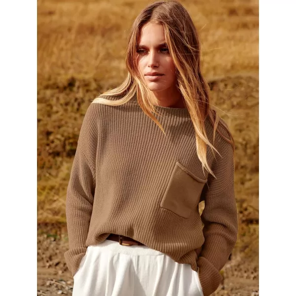 imageANRABESS Women Casual Long Sleeve Knit Loose Fit Mock Neck Fall Trendy Cropped Sweater Top with PocketsBrown