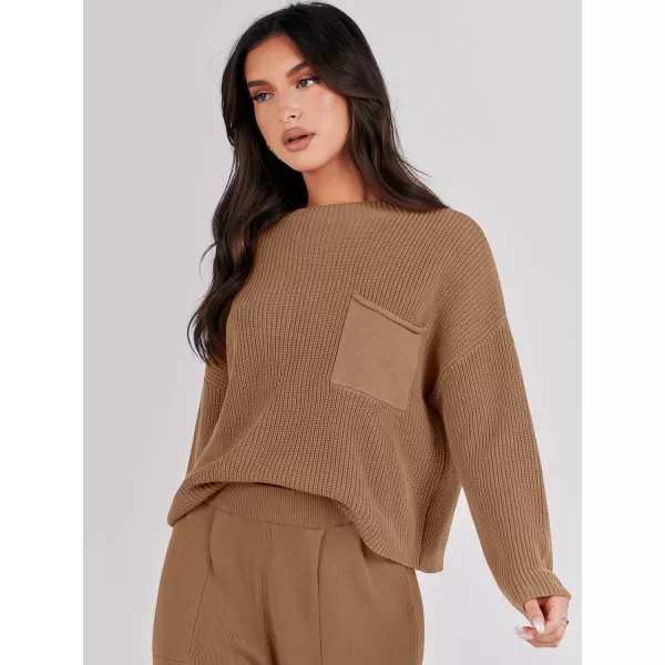 imageANRABESS Women Casual Long Sleeve Knit Loose Fit Mock Neck Fall Trendy Cropped Sweater Top with PocketsBrown