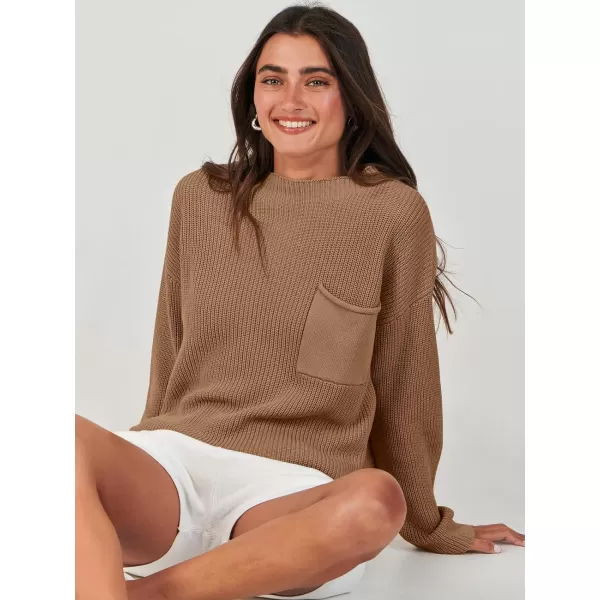imageANRABESS Women Casual Long Sleeve Knit Loose Fit Mock Neck Fall Trendy Cropped Sweater Top with PocketsBrown