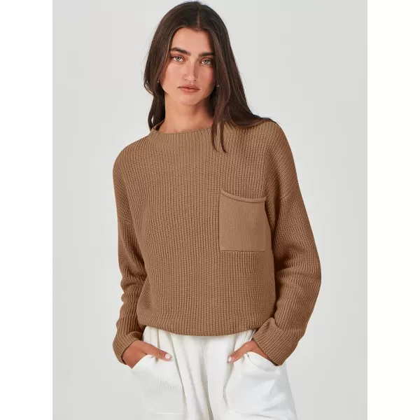 imageANRABESS Women Casual Long Sleeve Knit Loose Fit Mock Neck Fall Trendy Cropped Sweater Top with PocketsBrown