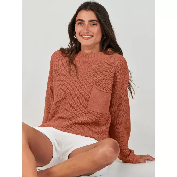 imageANRABESS Women Casual Long Sleeve Knit Loose Fit Mock Neck Fall Trendy Cropped Sweater Top with PocketsRust