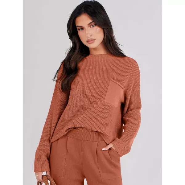 imageANRABESS Women Casual Long Sleeve Knit Loose Fit Mock Neck Fall Trendy Cropped Sweater Top with PocketsRust