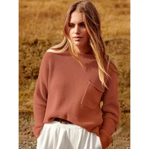 imageANRABESS Women Casual Long Sleeve Knit Loose Fit Mock Neck Fall Trendy Cropped Sweater Top with PocketsRust