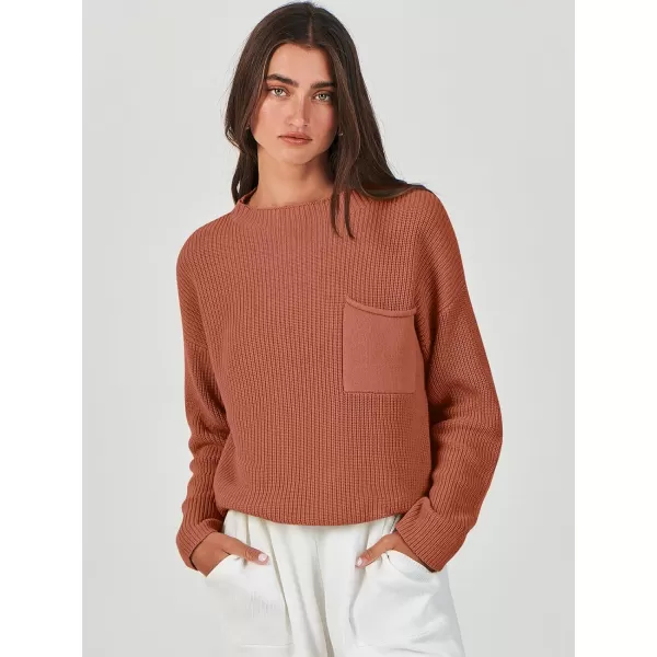 imageANRABESS Women Casual Long Sleeve Knit Loose Fit Mock Neck Fall Trendy Cropped Sweater Top with PocketsRust