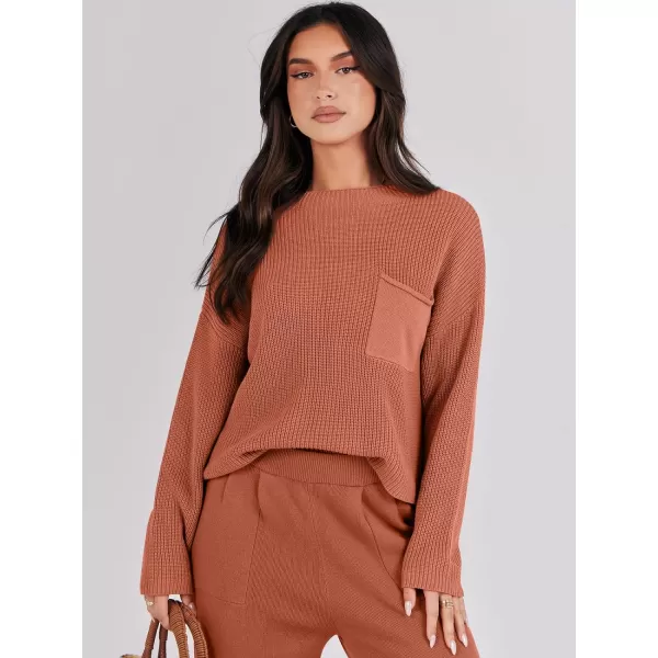 imageANRABESS Women Casual Long Sleeve Knit Loose Fit Mock Neck Fall Trendy Cropped Sweater Top with PocketsRust