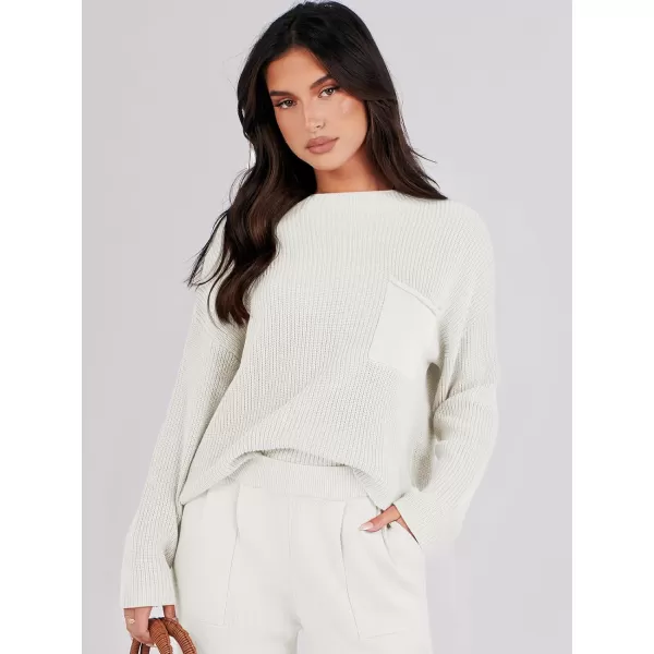 imageANRABESS Women Casual Long Sleeve Knit Loose Fit Mock Neck Fall Trendy Cropped Sweater Top with PocketsWhite