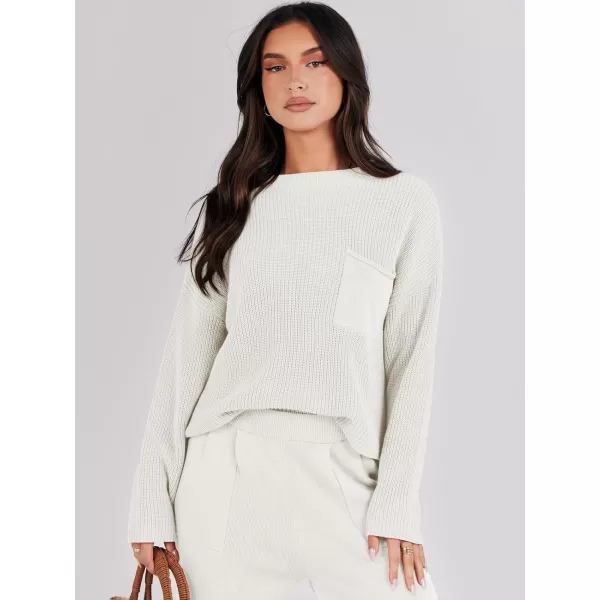 imageANRABESS Women Casual Long Sleeve Knit Loose Fit Mock Neck Fall Trendy Cropped Sweater Top with PocketsWhite