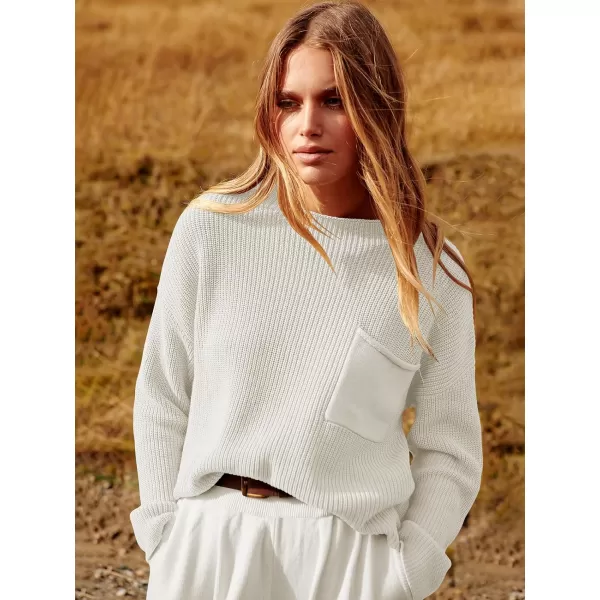 imageANRABESS Women Casual Long Sleeve Knit Loose Fit Mock Neck Fall Trendy Cropped Sweater Top with PocketsWhite