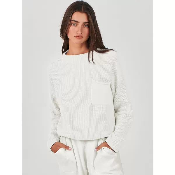 imageANRABESS Women Casual Long Sleeve Knit Loose Fit Mock Neck Fall Trendy Cropped Sweater Top with PocketsWhite