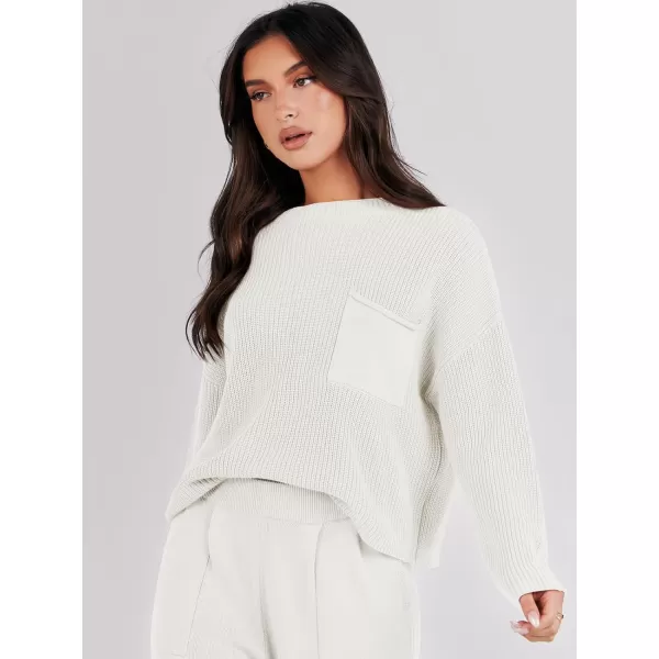 imageANRABESS Women Casual Long Sleeve Knit Loose Fit Mock Neck Fall Trendy Cropped Sweater Top with PocketsWhite