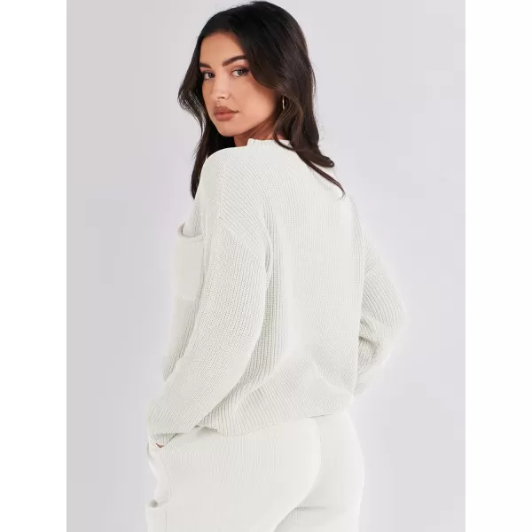 imageANRABESS Women Casual Long Sleeve Knit Loose Fit Mock Neck Fall Trendy Cropped Sweater Top with PocketsWhite
