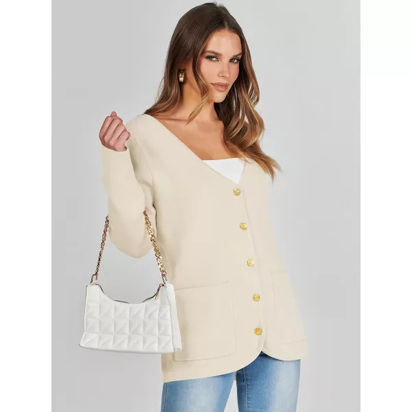 imageANRABESS Women Casual Long Sleeve V Neck Button Down Cardigan Sweater BlazerBeige