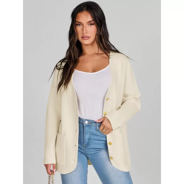 imageANRABESS Women Casual Long Sleeve V Neck Button Down Cardigan Sweater BlazerBeige