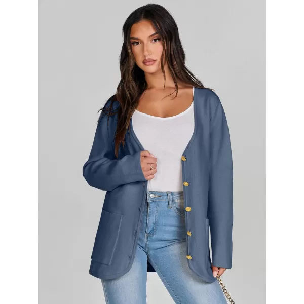 imageANRABESS Women Casual Long Sleeve V Neck Button Down Cardigan Sweater BlazerDeep Blue