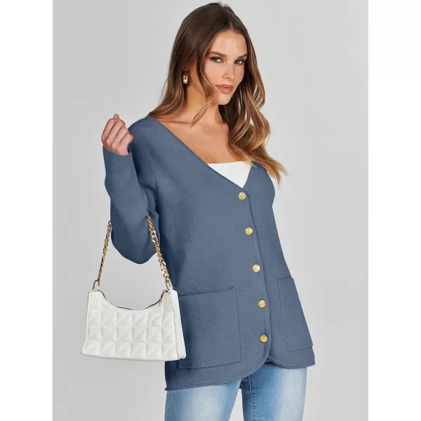 imageANRABESS Women Casual Long Sleeve V Neck Button Down Cardigan Sweater BlazerDeep Blue