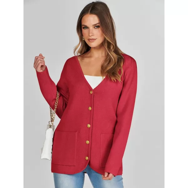 imageANRABESS Women Casual Long Sleeve V Neck Button Down Cardigan Sweater BlazerRed