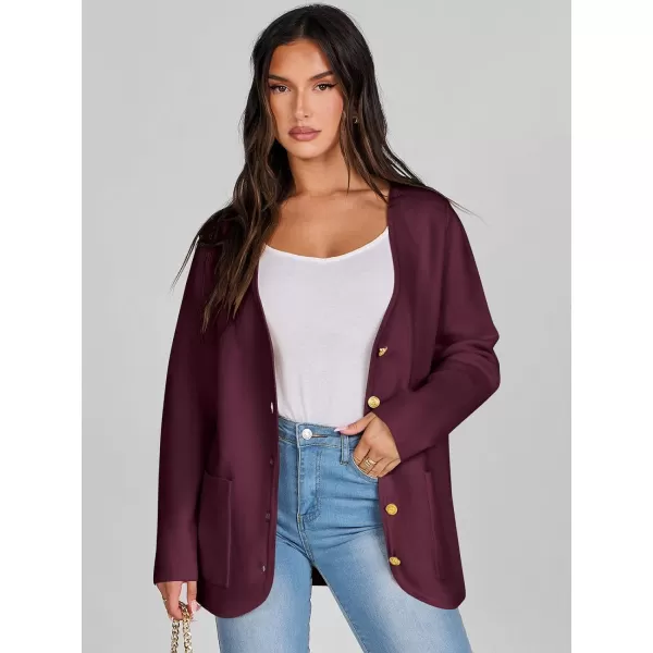 imageANRABESS Women Casual Long Sleeve V Neck Button Down Cardigan Sweater BlazerWine Red