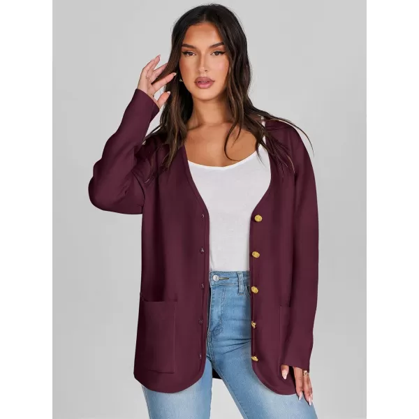 imageANRABESS Women Casual Long Sleeve V Neck Button Down Cardigan Sweater BlazerWine Red