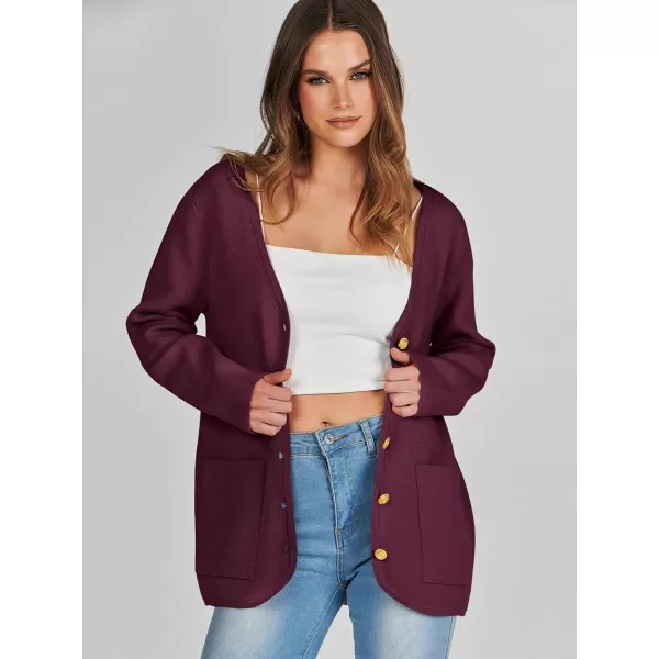 imageANRABESS Women Casual Long Sleeve V Neck Button Down Cardigan Sweater BlazerWine Red