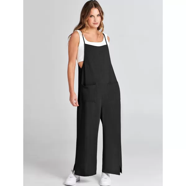 imageANRABESS Women Casual Loose Long Bib Pants Wide Leg Jumpsuits Baggy Linen Rompers Overalls with PocketsBlack