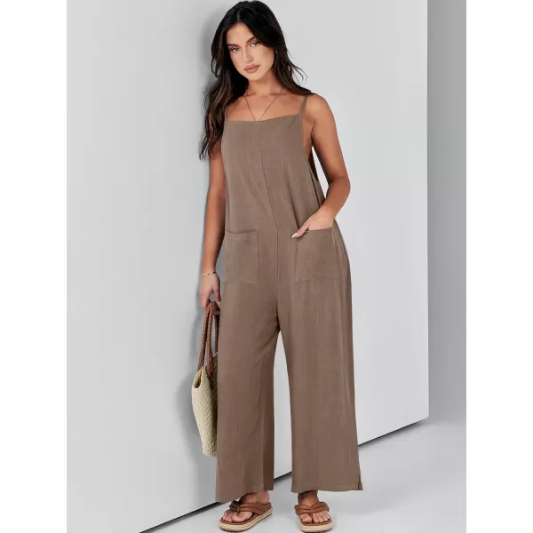 imageANRABESS Women Casual Loose Long Bib Pants Wide Leg Jumpsuits Baggy Linen Rompers Overalls with PocketsBrown