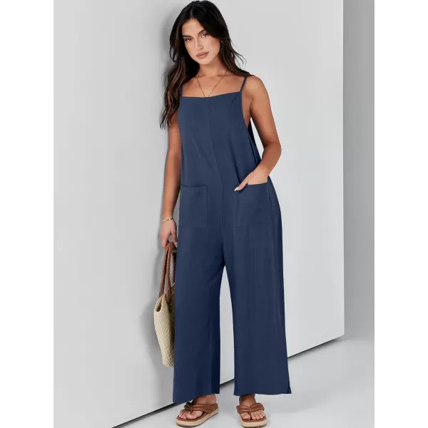 imageANRABESS Women Casual Loose Long Bib Pants Wide Leg Jumpsuits Baggy Linen Rompers Overalls with PocketsNavy Blue