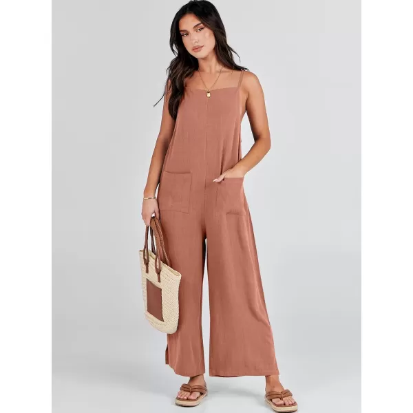 imageANRABESS Women Casual Loose Long Bib Pants Wide Leg Jumpsuits Baggy Linen Rompers Overalls with PocketsRust