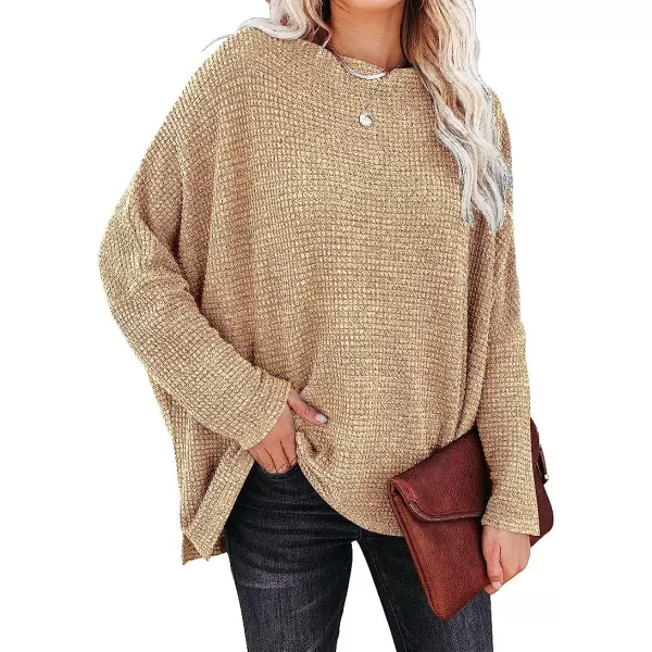 imageANRABESS Women Casual Loose Off Shoulder Long Batwing Sleeve Waffle Knit Oversized Pullover Shirt SweatersApricot