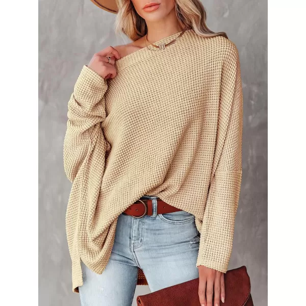 imageANRABESS Women Casual Loose Off Shoulder Long Batwing Sleeve Waffle Knit Oversized Pullover Shirt SweatersApricot