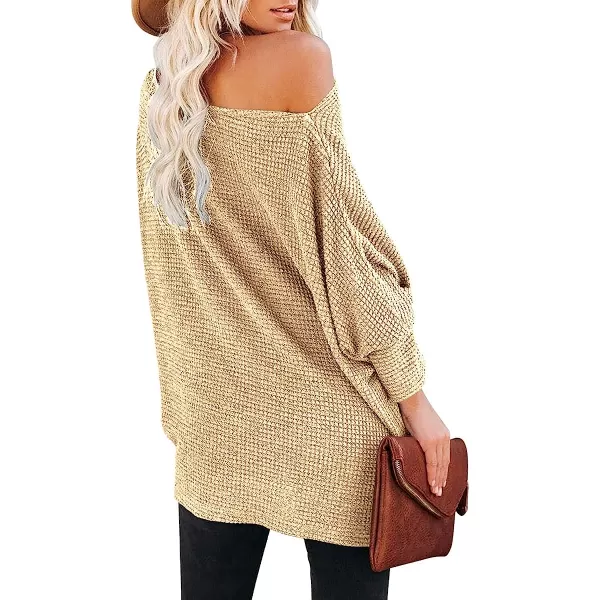 imageANRABESS Women Casual Loose Off Shoulder Long Batwing Sleeve Waffle Knit Oversized Pullover Shirt SweatersApricot