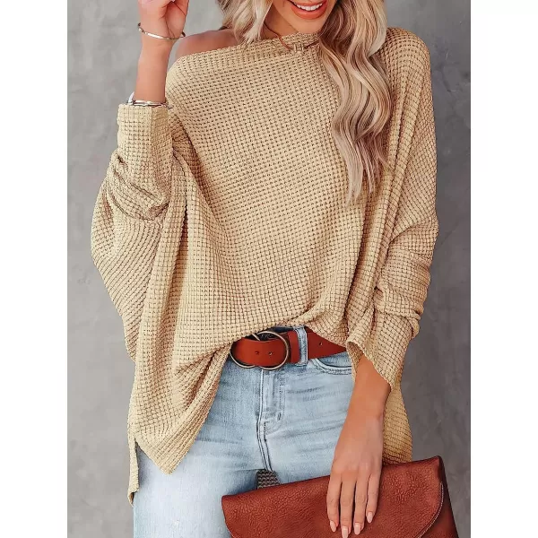 imageANRABESS Women Casual Loose Off Shoulder Long Batwing Sleeve Waffle Knit Oversized Pullover Shirt SweatersApricot