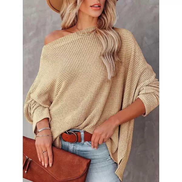 imageANRABESS Women Casual Loose Off Shoulder Long Batwing Sleeve Waffle Knit Oversized Pullover Shirt SweatersApricot